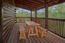 2 bedroom cabin with picnic table on the deck